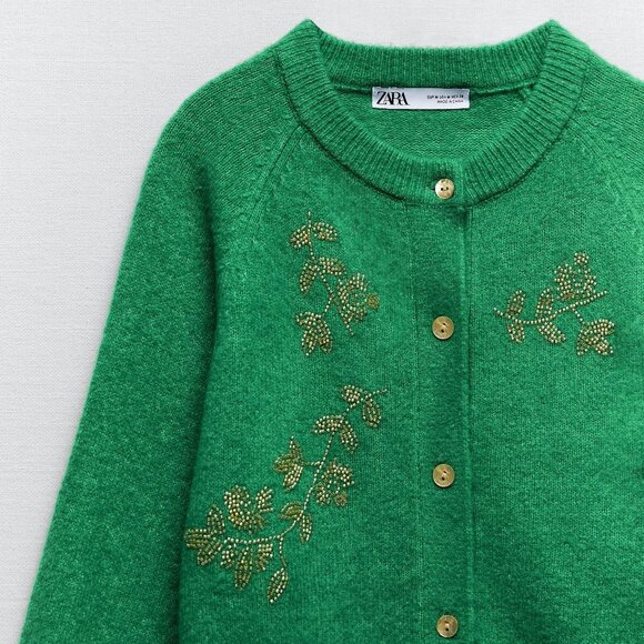 Green Zara Wool-Mix Bead Embellished Cropped Button-Front Sweater Cardigan (NWT) - Picture 2 of 10